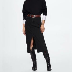 Mango Black High-Rise Pencil Denim Skirt with Front Slit